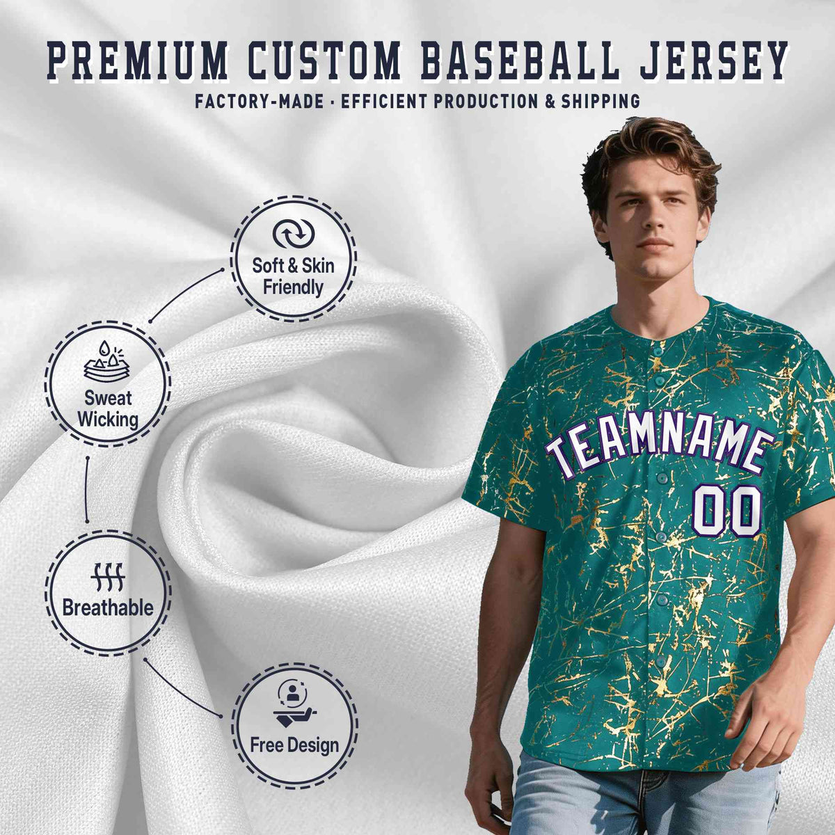 Custom Teal White Black&amp;Shiny Gold Cracked Foil Breathable Mesh Streetwear Baseball Jersey