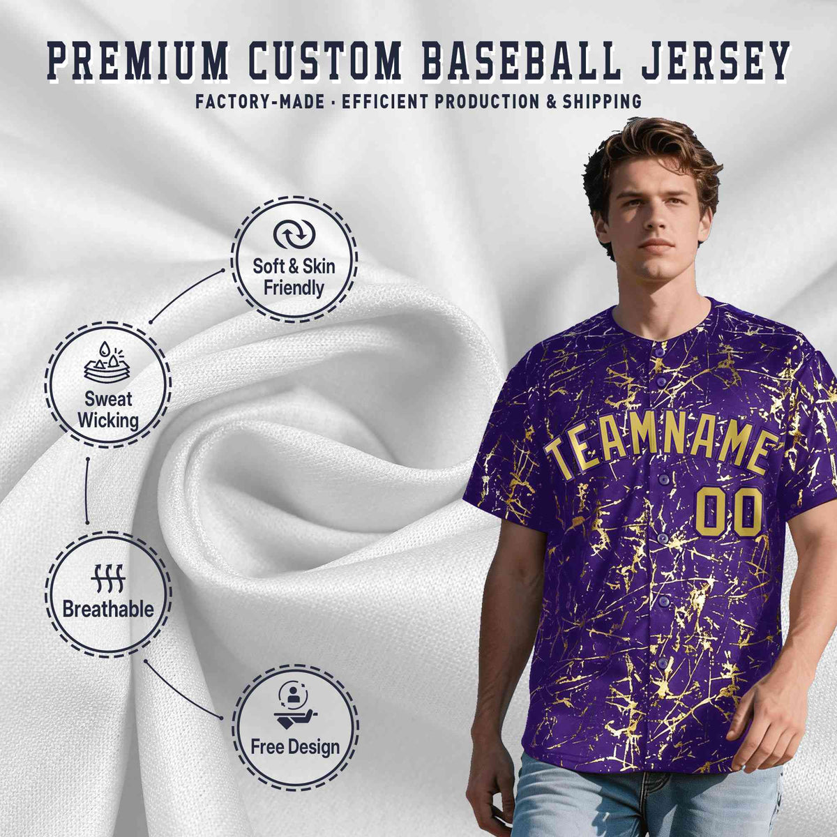 Custom Purple Old Gold Black&amp;Shiny Gold Cracked Foil Hip Hop Button Down Baseball Jersey