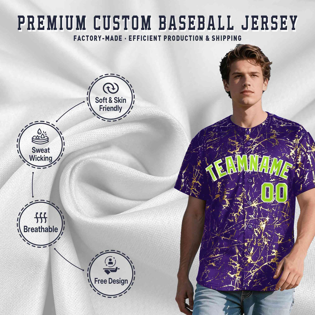 Custom Purple Neon Green Metallic Gold Splatter Urban Streetwear Baseball Jersey