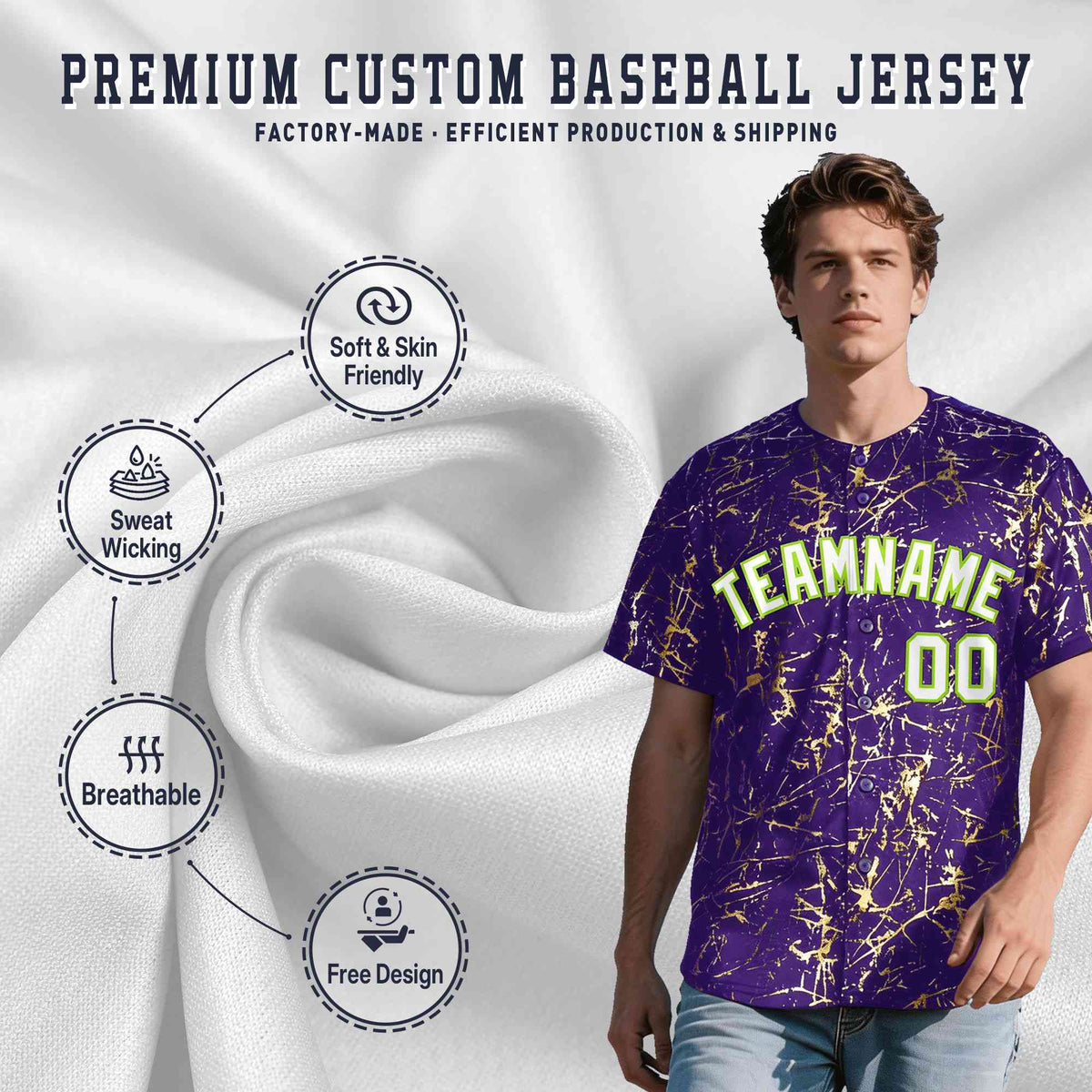 Custom Purple White Black&amp;Shiny Gold Cracked Foil Breathable Mesh Streetwear Baseball Jersey