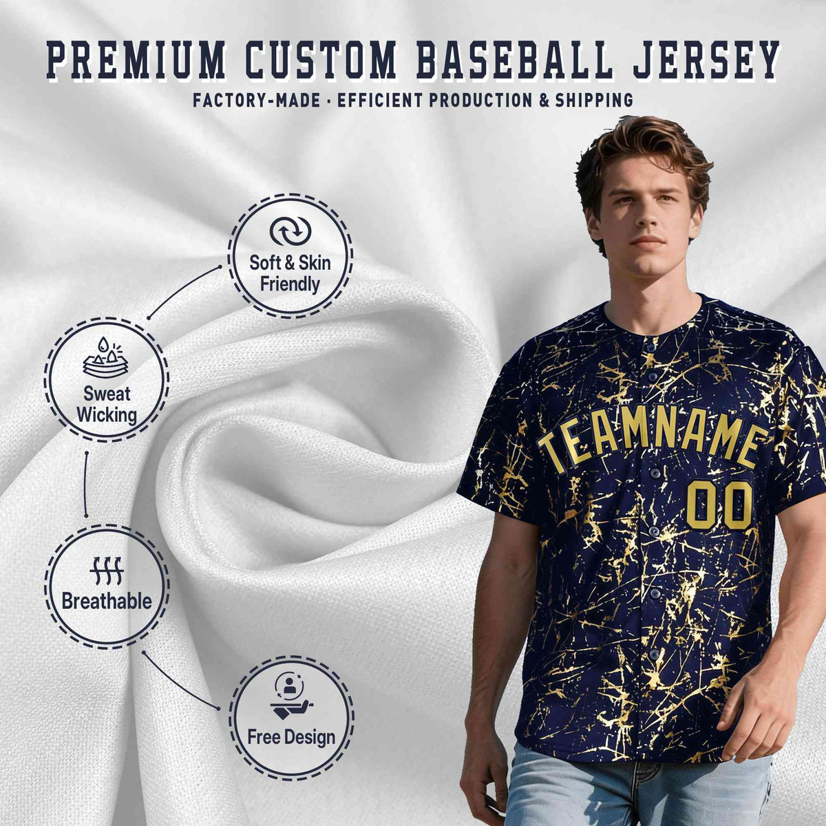 Custom Navy Old Gold Black&amp;Shiny Gold Cracked Foil Hip Hop Button Down Baseball Jersey