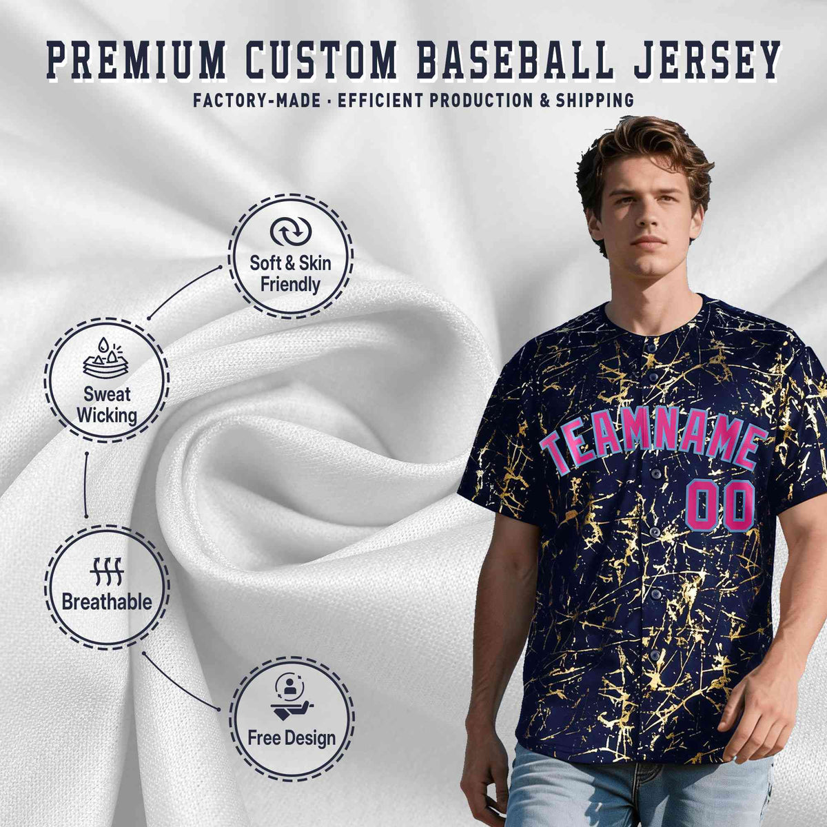 Custom Navy Rose Red Metallic Gold Splatter Breathable&amp;Wrinkle-Resistant Baseball Jersey