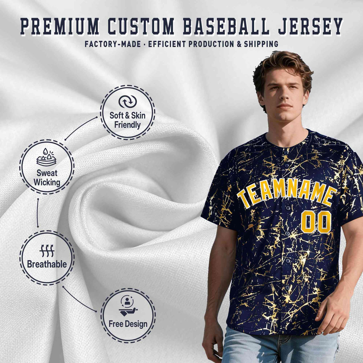 Custom Navy Yellow Metallic Gold Splatter Urban Streetwear Baseball Jersey
