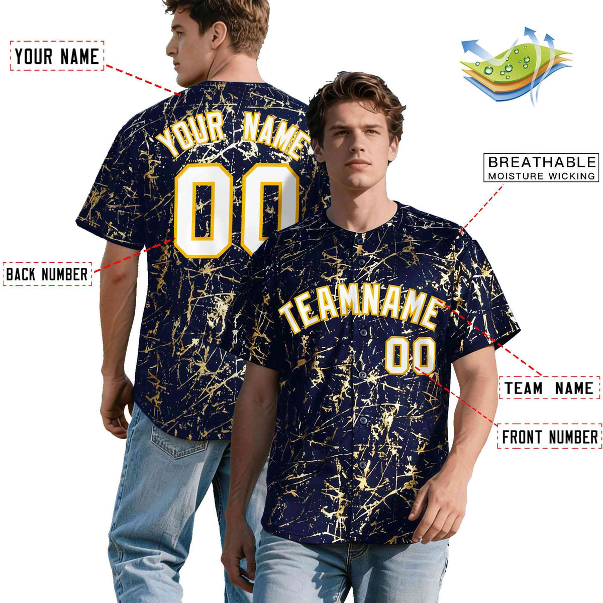 Custom Navy White Black&amp;Shiny Gold Cracked Foil Breathable Mesh Streetwear Baseball Jersey