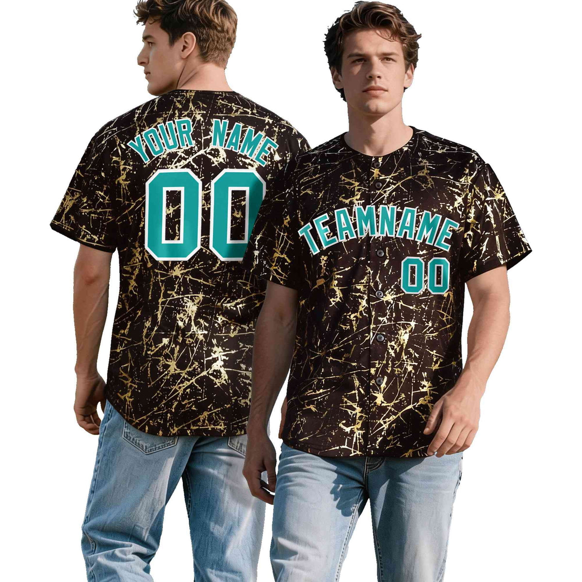 Custom Brown Aqua Metallic Gold Splatter Urban Streetwear Baseball Jersey