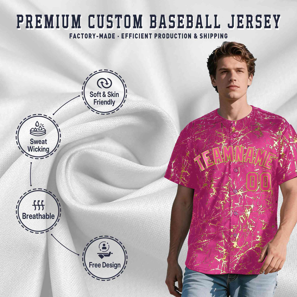 Custom Pink Old Gold Shiny Gold Cracked Texture Baseball Jersey