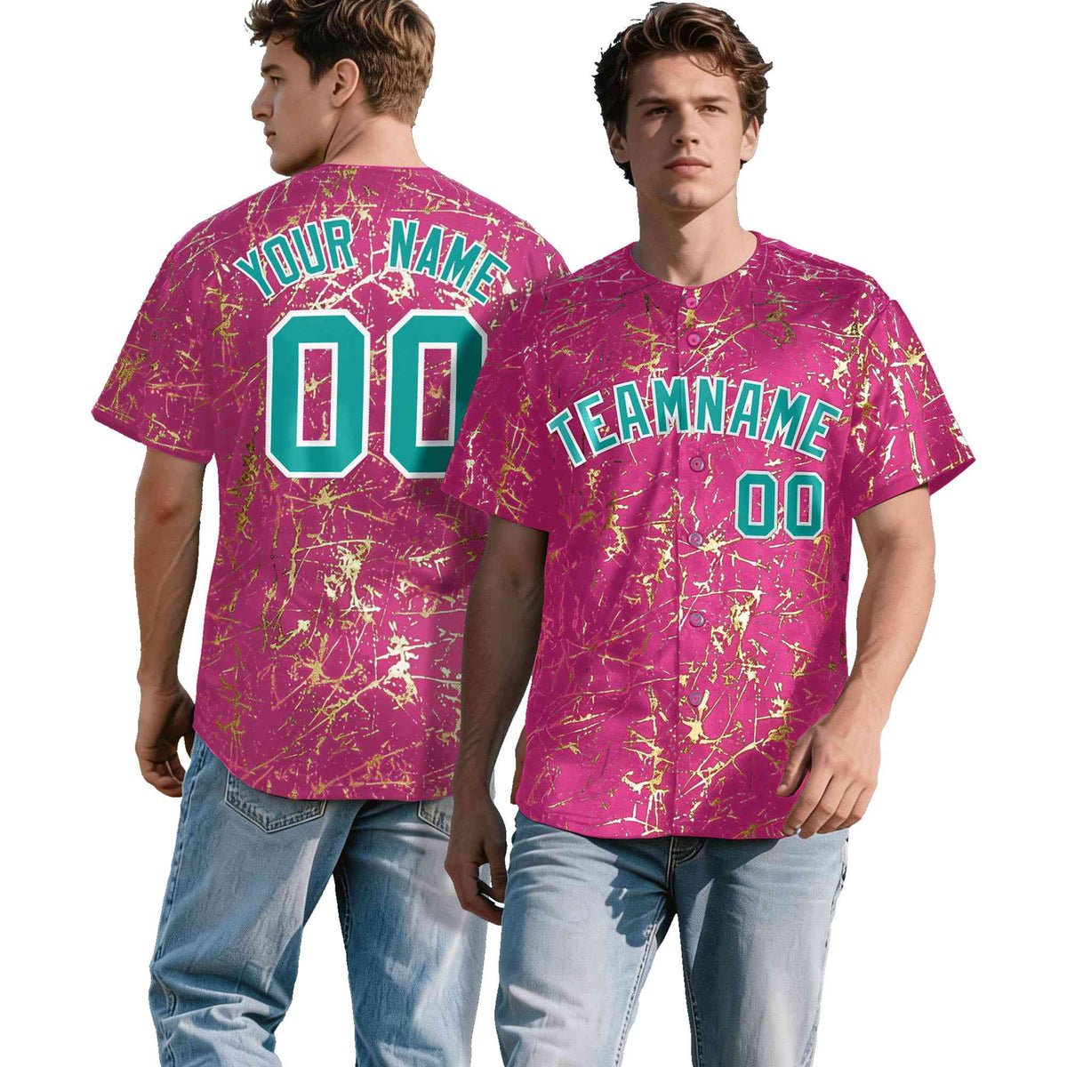 Custom Pink Aqua Metallic Gold Splatter Urban Streetwear Baseball Jersey