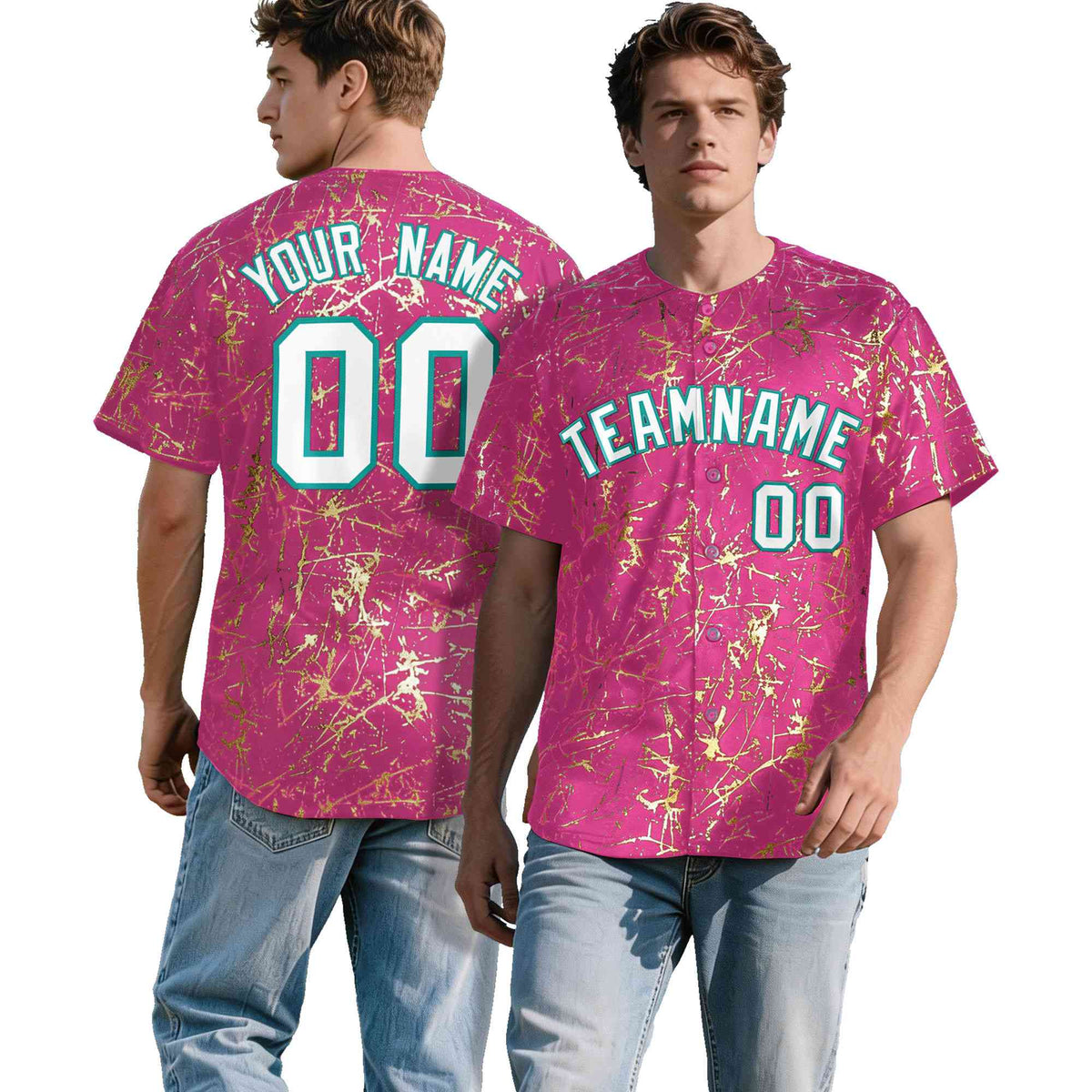 Custom Pink White Black&amp;Shiny Gold Cracked Foil Breathable Mesh Streetwear Baseball Jersey