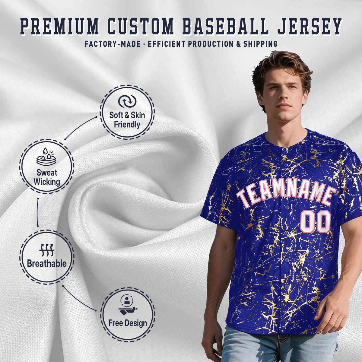 Custom Royal White Black&amp;Shiny Gold Cracked Foil Breathable Mesh Streetwear Baseball Jersey