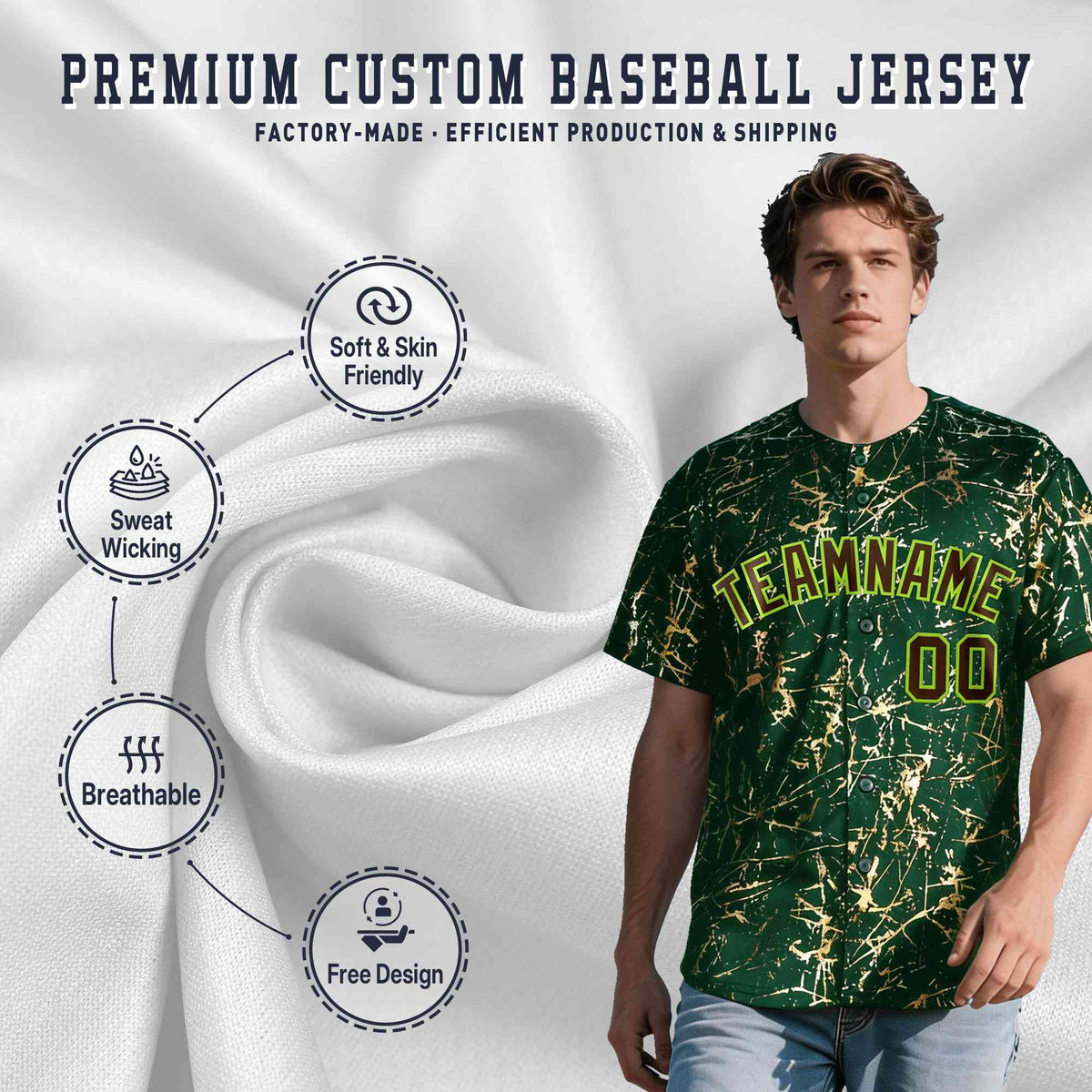 Custom Green Brown Metallic Gold Splatter Breathable&amp;Wrinkle-Resistant Baseball Jersey