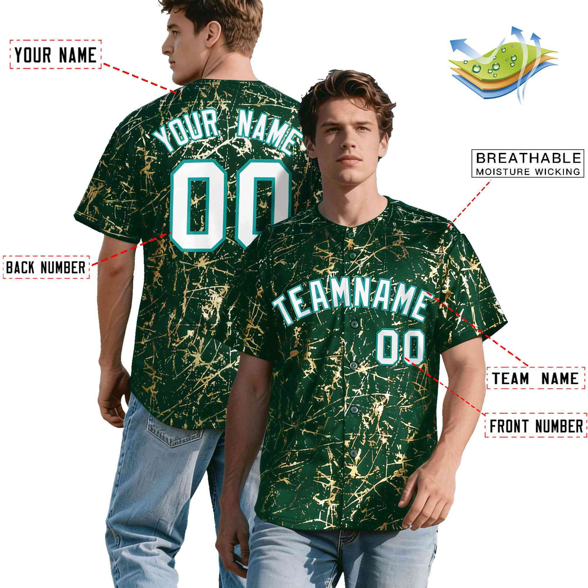 Custom Green White Black&amp;Shiny Gold Cracked Foil Breathable Mesh Streetwear Baseball Jersey