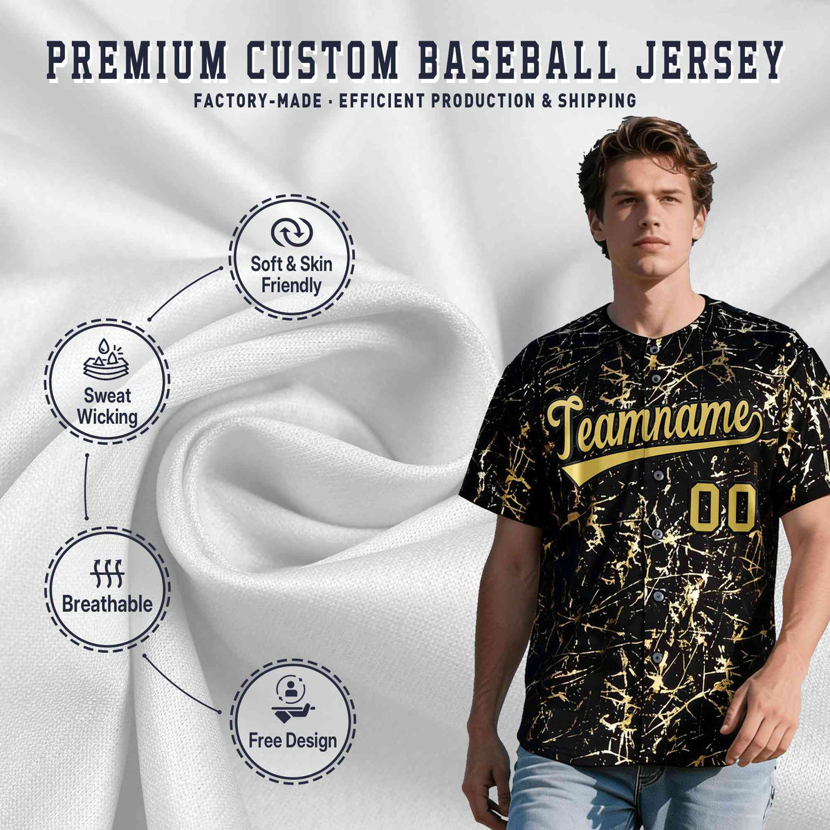 Custom Black Old Gold Shiny Gold Cracked Texture Baseball Jersey| KXKSHOP