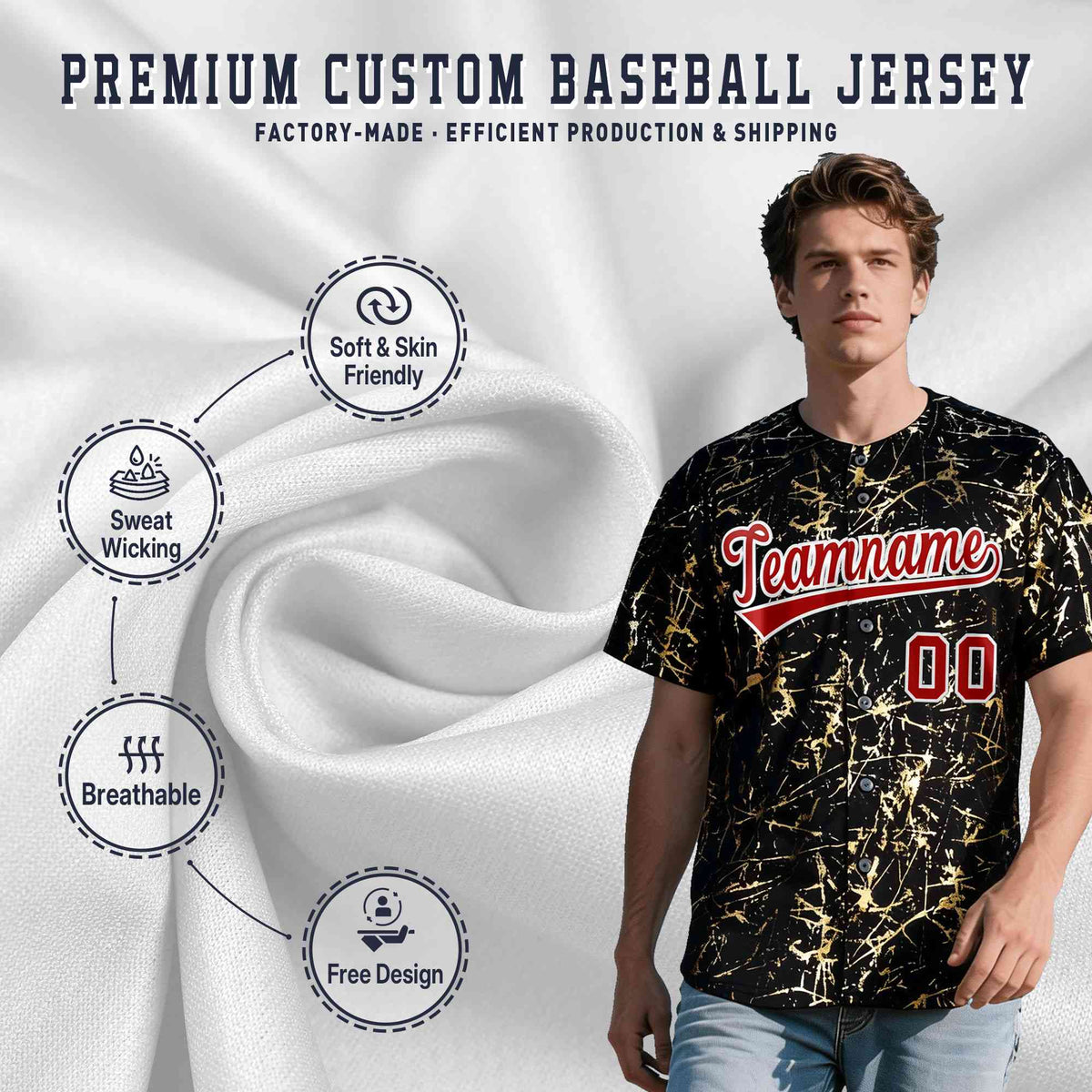 Custom Black Red Metallic Gold Splatter Breathable&amp;Wrinkle-Resistant Baseball Jersey| KXKSHOP