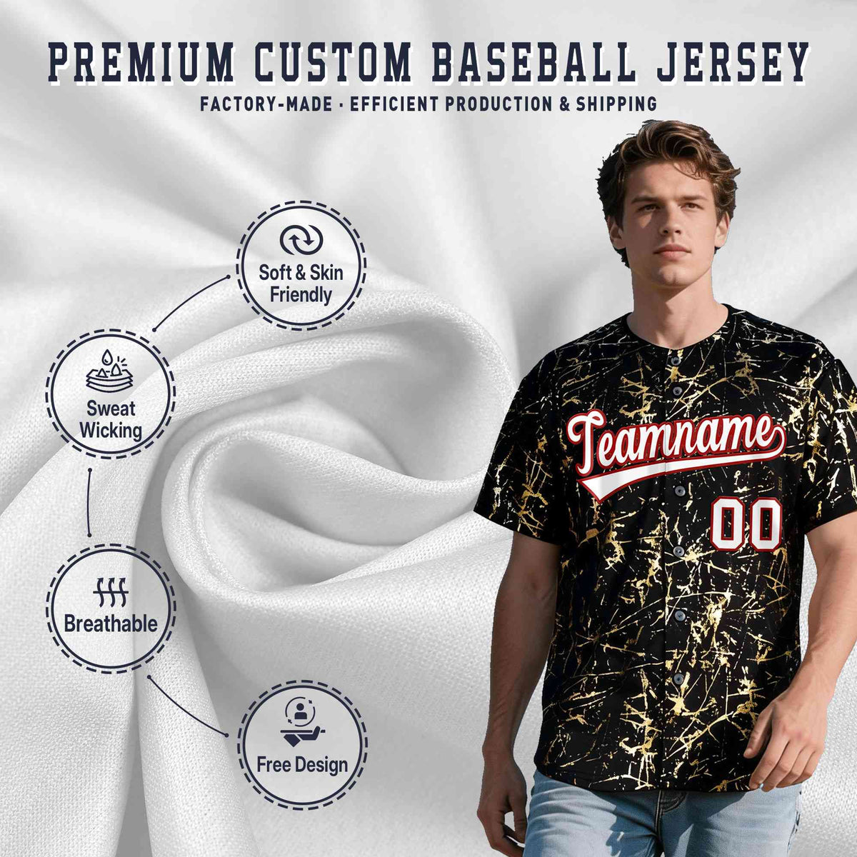 Custom Black White Black&amp;Gold Marble Print Clubwear Party Streetwear Baseball Jersey| KXKSHOP