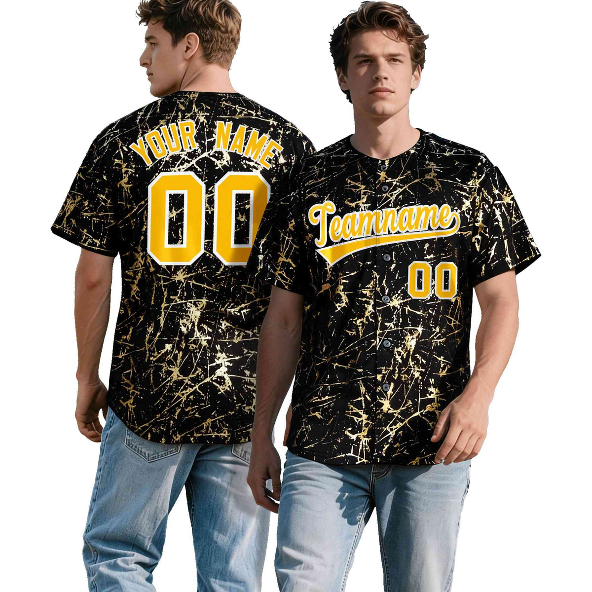 Custom Black Yellow Shiny Gold Cracked Texture Baseball Jersey| KXKSHOP