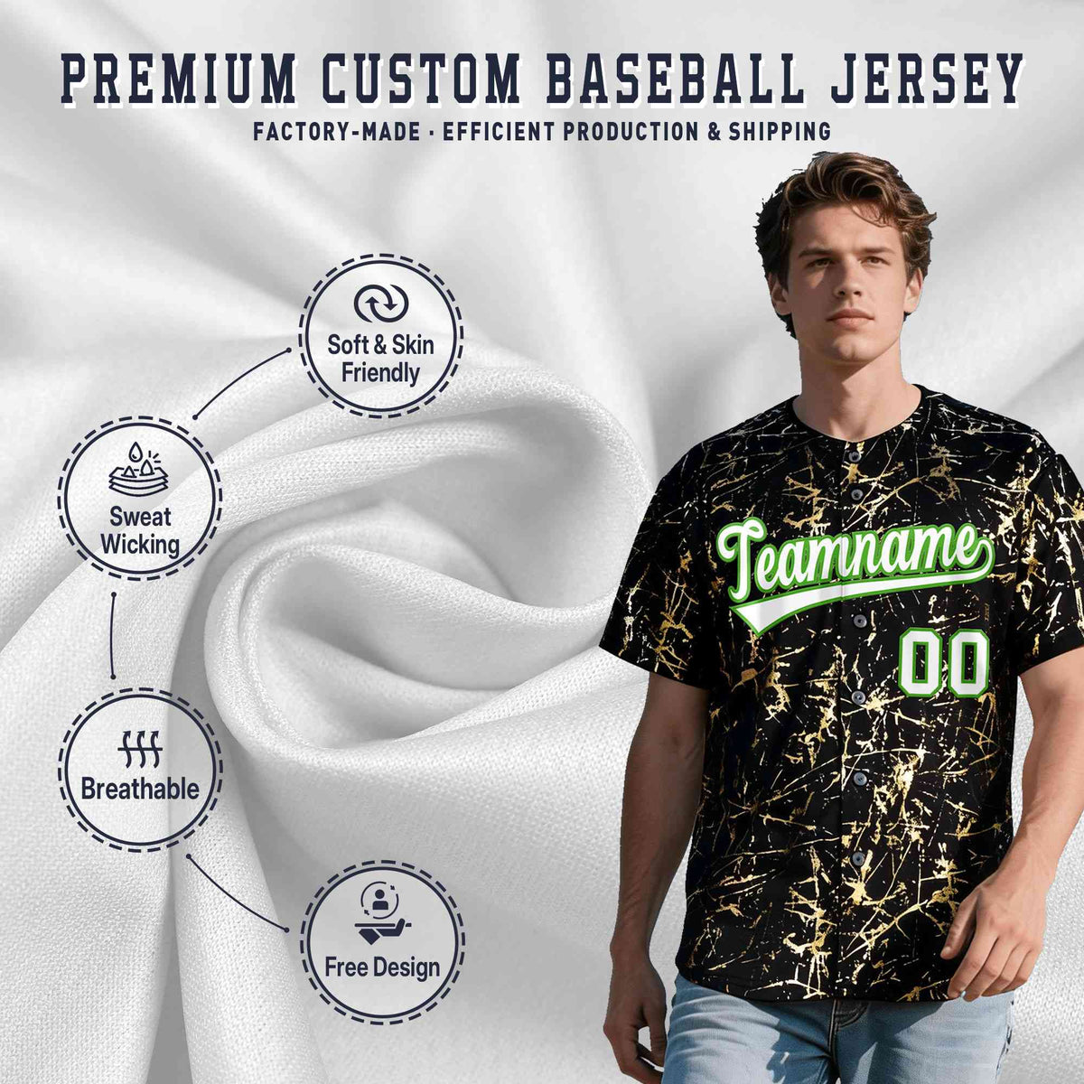 Custom Black White Black&amp;Gold Marble Print Clubwear Party Streetwear Baseball Jersey| KXKSHOP