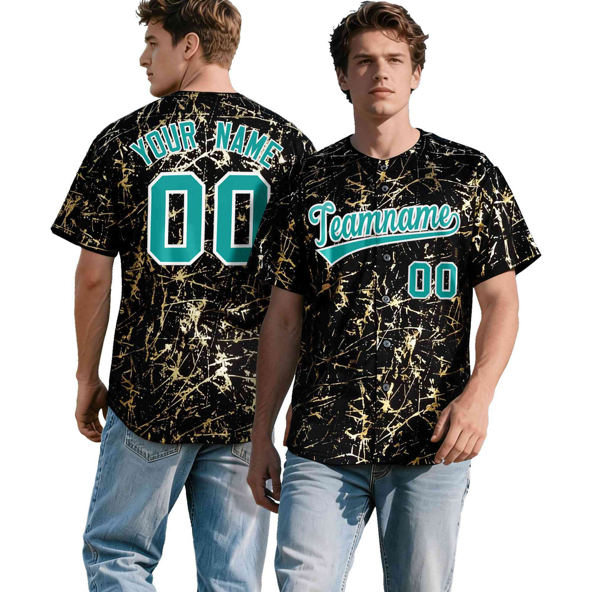 Custom Black Aqua Metallic Gold Splatter Urban Streetwear Baseball Jersey| KXKSHOP