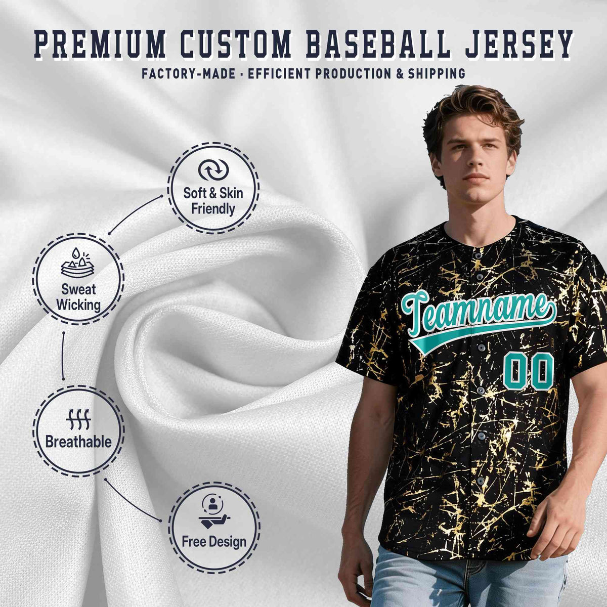 Custom Black Aqua Metallic Gold Splatter Urban Streetwear Baseball Jersey| KXKSHOP