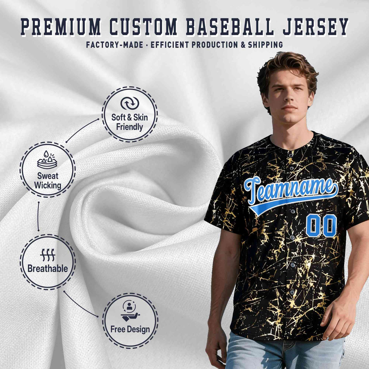 Custom Black Light Blue Shiny Gold Cracked Texture Baseball Jersey| KXKSHOP