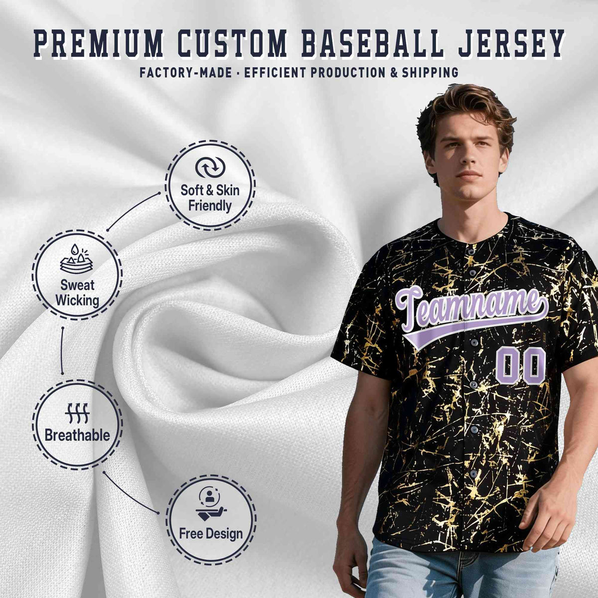 Custom Black Light Purple Metallic Gold Splatter Breathable&amp;Wrinkle-Resistant Baseball Jersey| KXKSHOP