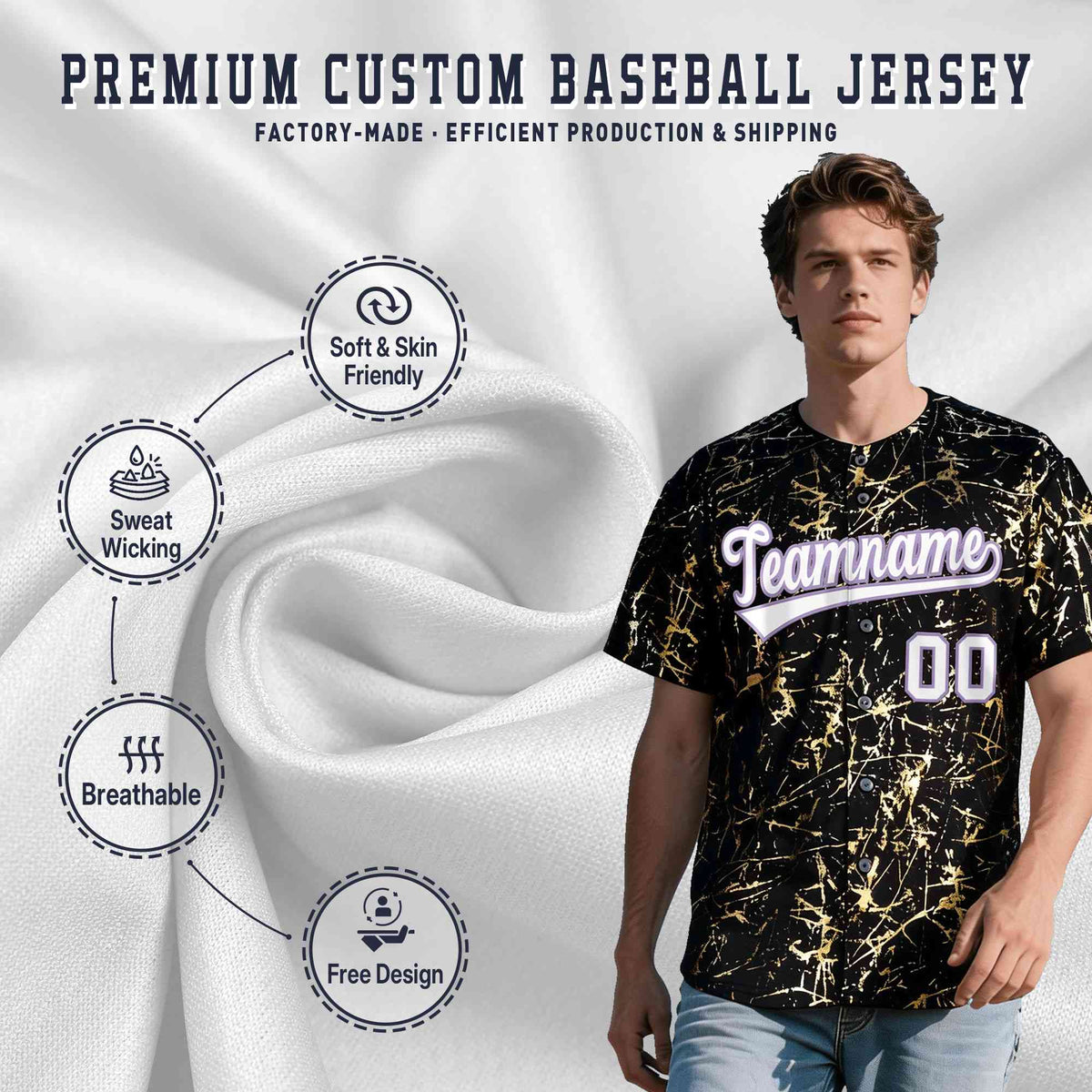 Custom Black White Black&amp;Gold Marble Print Clubwear Party Streetwear Baseball Jersey| KXKSHOP