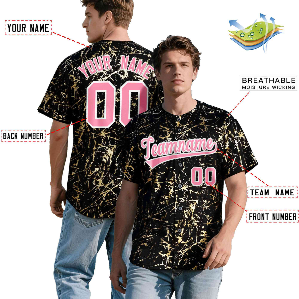 Custom Black Light Pink Metallic Gold Splatter Urban Streetwear Baseball Jersey| KXKSHOP