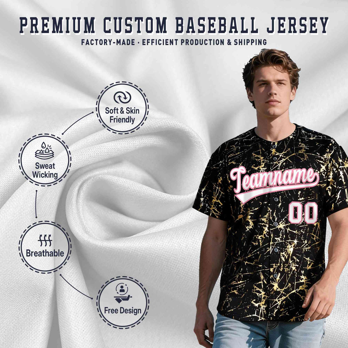 Custom Black White Black&amp;Shiny Gold Cracked Foil Breathable Mesh Streetwear Baseball Jersey| KXKSHOP