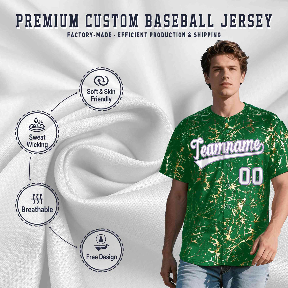 Custom Kelly Green White Black&amp;Shiny Gold Cracked Foil Breathable Mesh Streetwear Baseball Jersey| KXKSHOP