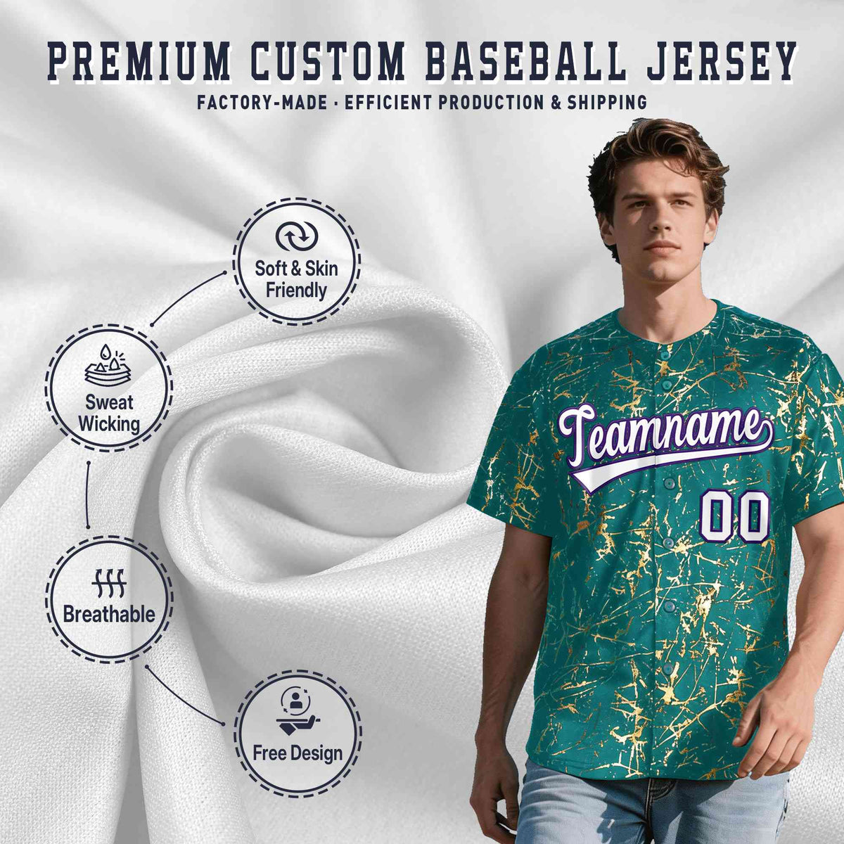 Custom Teal White Black&amp;Shiny Gold Cracked Foil Breathable Mesh Streetwear Baseball Jersey| KXKSHOP