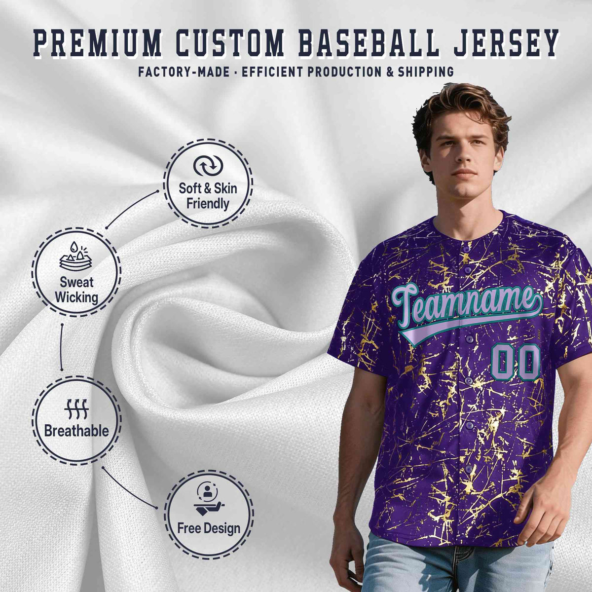 Custom Purple Light Purple Metallic Gold Splatter Breathable&amp;Wrinkle-Resistant Baseball Jersey| KXKSHOP