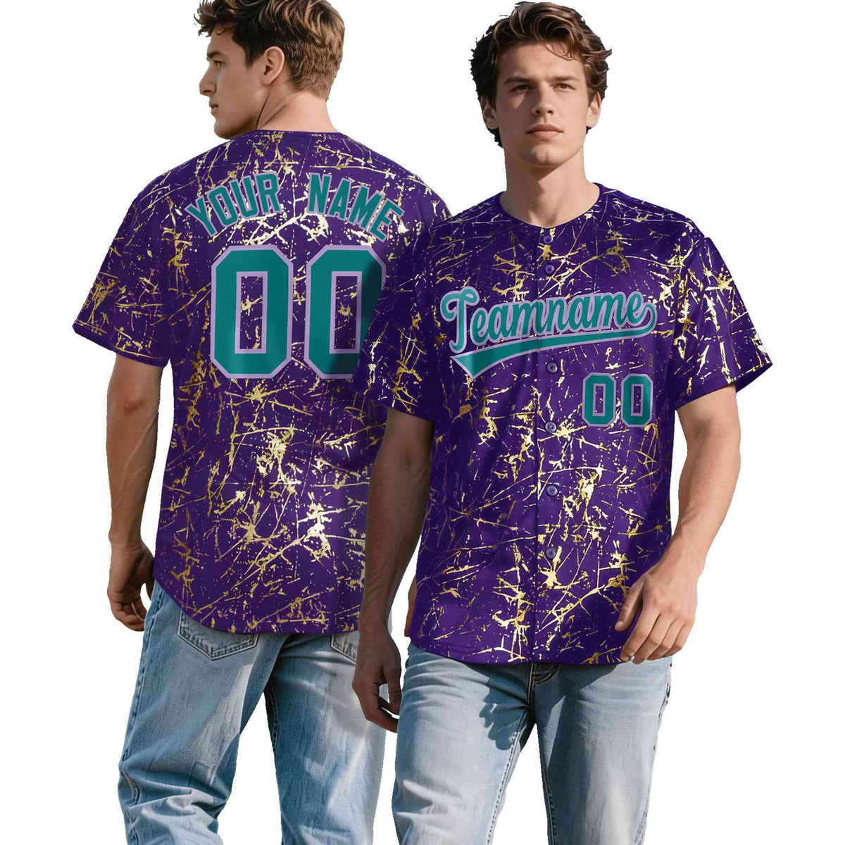 Custom Purple Teal Black&amp;Gold Marble Print Clubwear Party Streetwear Baseball Jersey| KXKSHOP