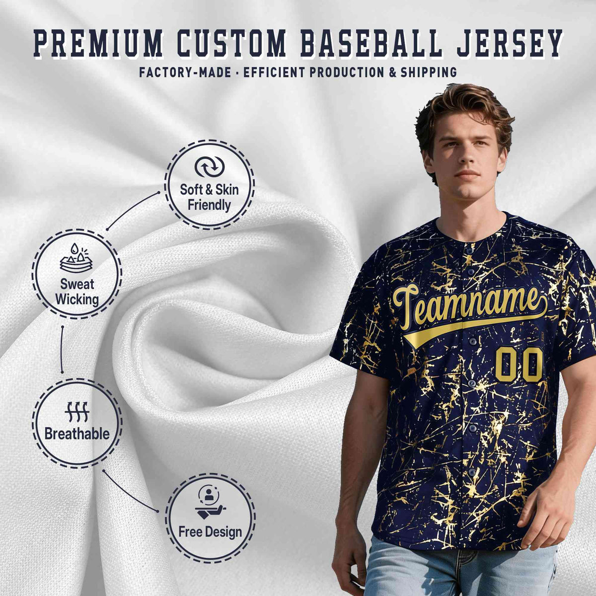 Custom Navy Old Gold Black&amp;Shiny Gold Cracked Foil Hip Hop Button Down Baseball Jersey| KXKSHOP