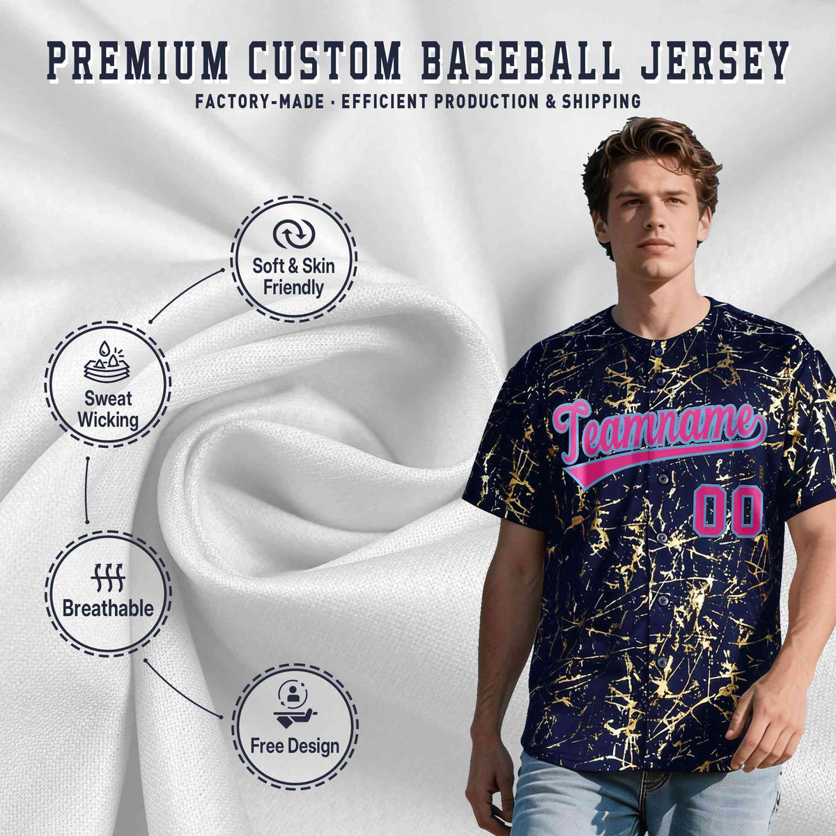 Custom Navy Rose Red Metallic Gold Splatter Breathable&amp;Wrinkle-Resistant Baseball Jersey| KXKSHOP