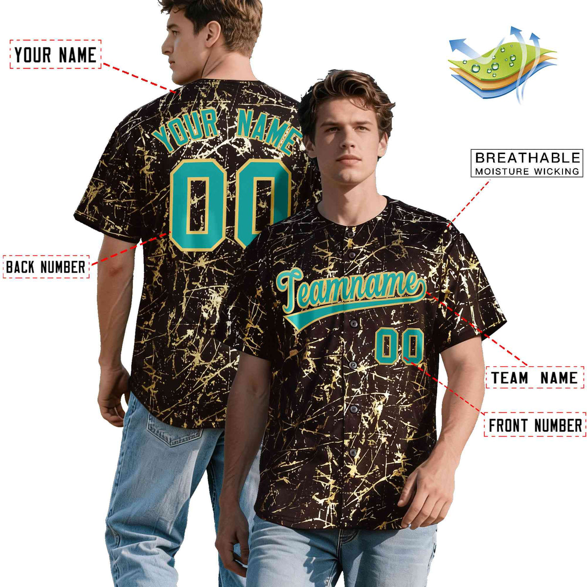 Custom Brown Aqua Metallic Gold Splatter Breathable&amp;Wrinkle-Resistant Baseball Jersey| KXKSHOP