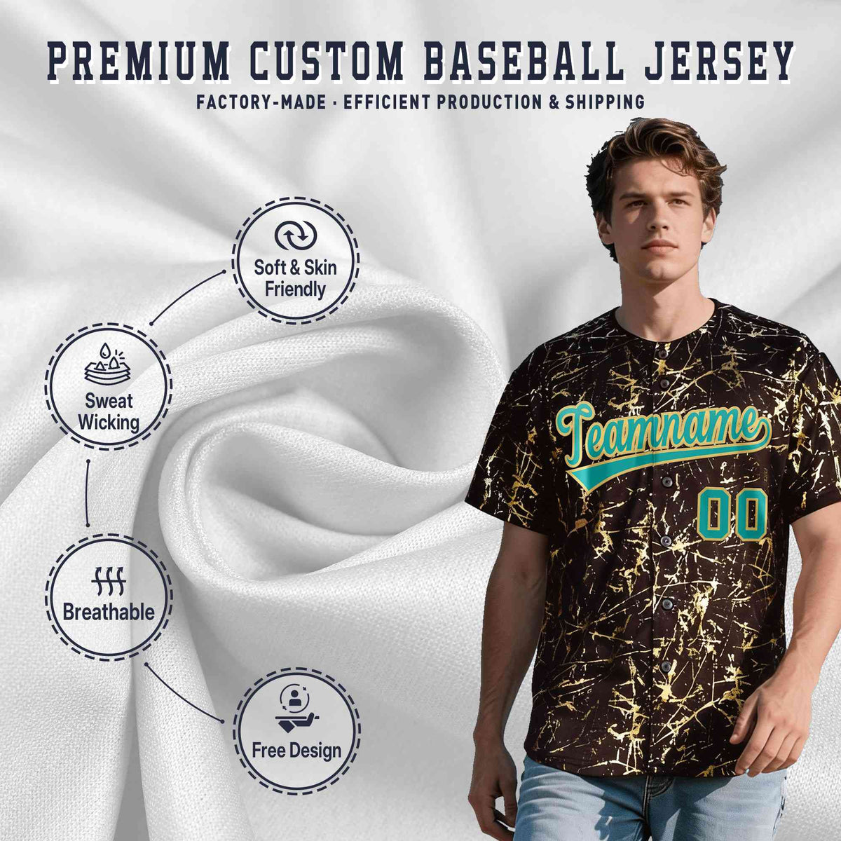 Custom Brown Aqua Metallic Gold Splatter Breathable&amp;Wrinkle-Resistant Baseball Jersey| KXKSHOP