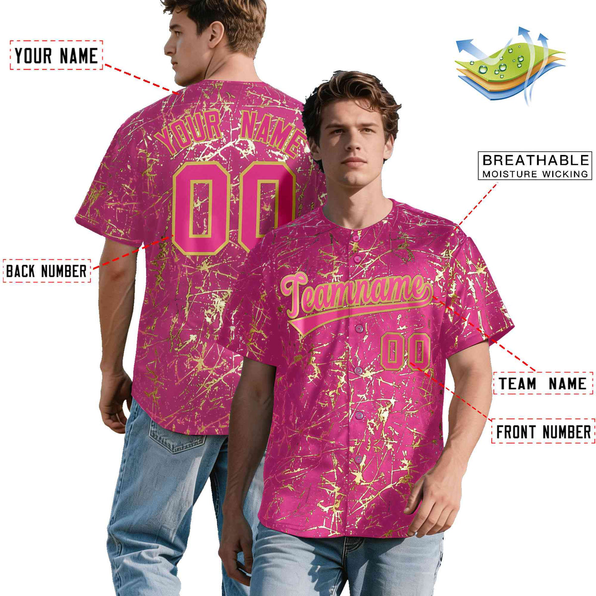 Custom Pink Old Gold Shiny Gold Cracked Texture Baseball Jersey| KXKSHOP