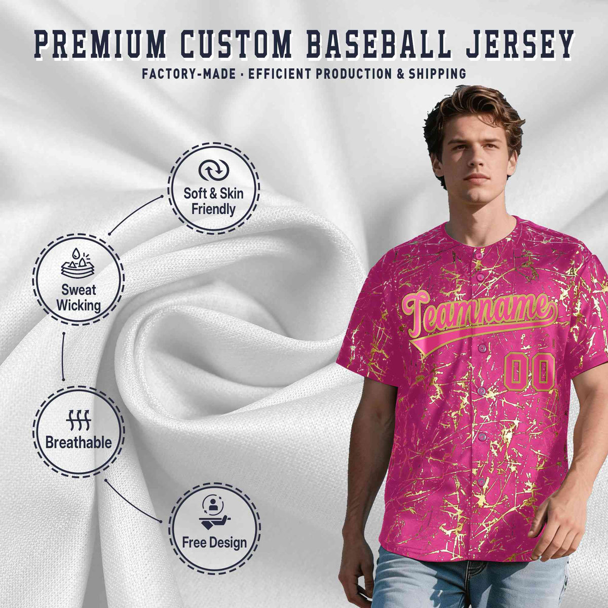 Custom Pink Old Gold Shiny Gold Cracked Texture Baseball Jersey| KXKSHOP