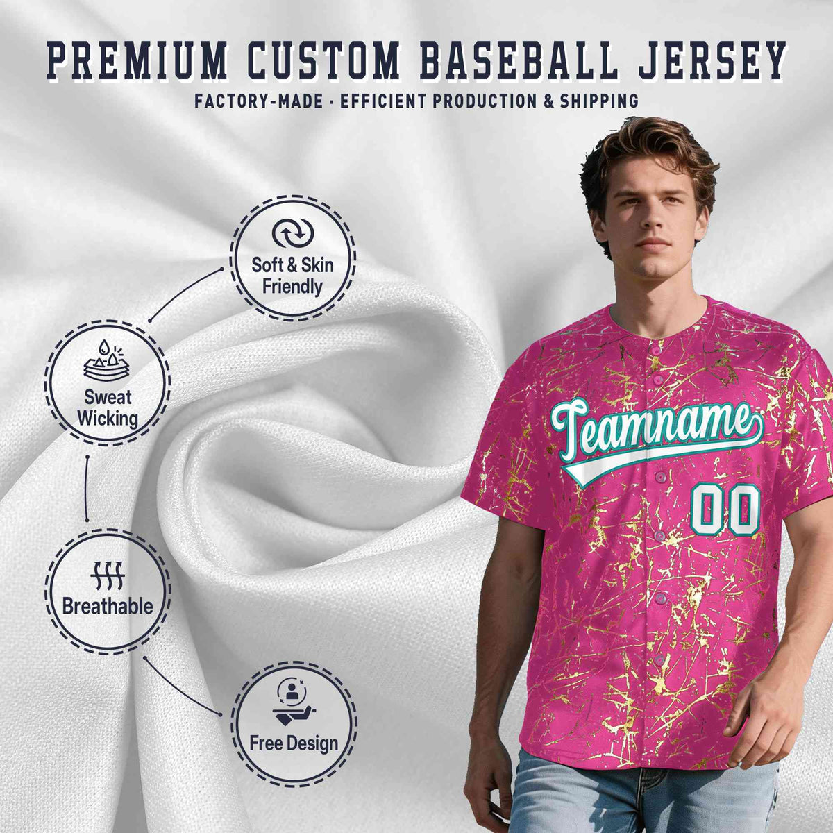 Custom Pink White Black&amp;Shiny Gold Cracked Foil Breathable Mesh Streetwear Baseball Jersey| KXKSHOP