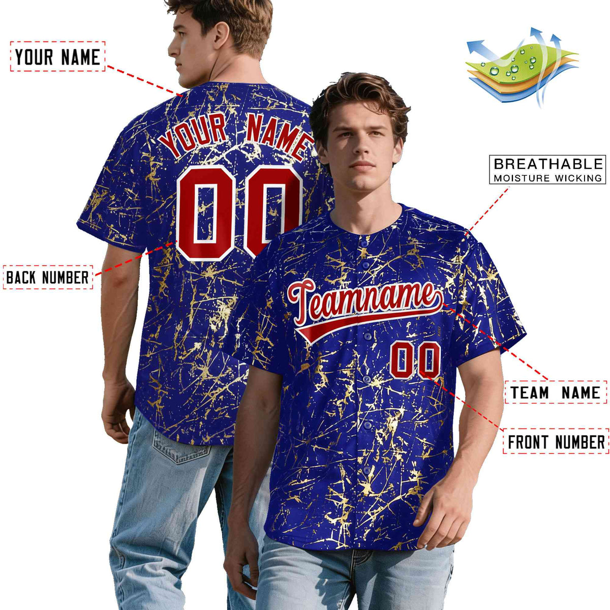 Custom Royal Red Metallic Gold Splatter Breathable&amp;Wrinkle-Resistant Baseball Jersey| KXKSHOP
