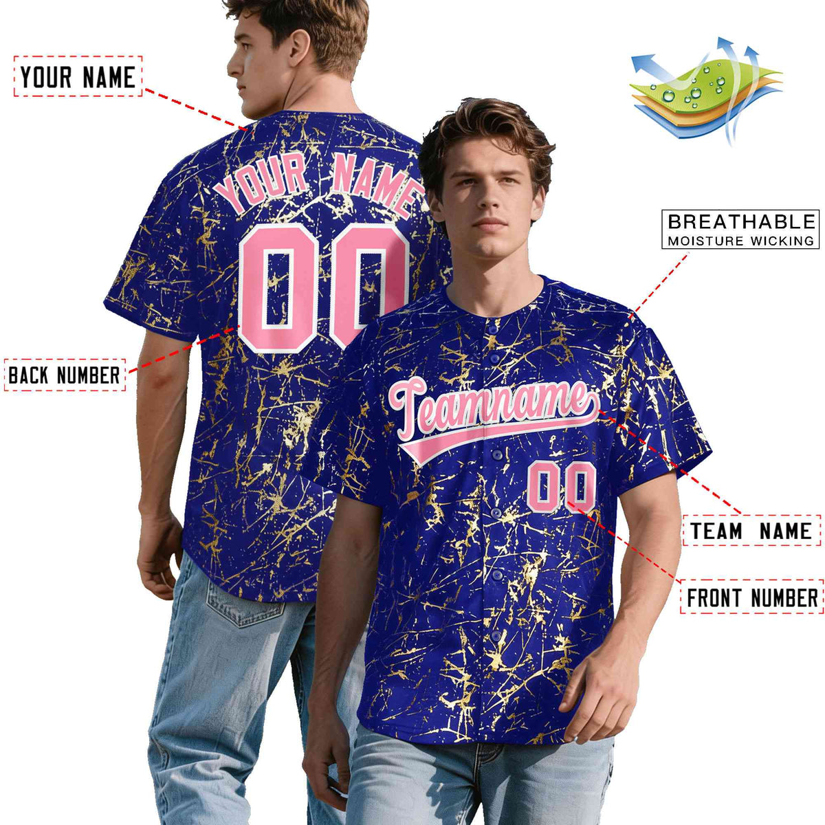 Custom Royal Light Pink Metallic Gold Splatter Urban Streetwear Baseball Jersey| KXKSHOP