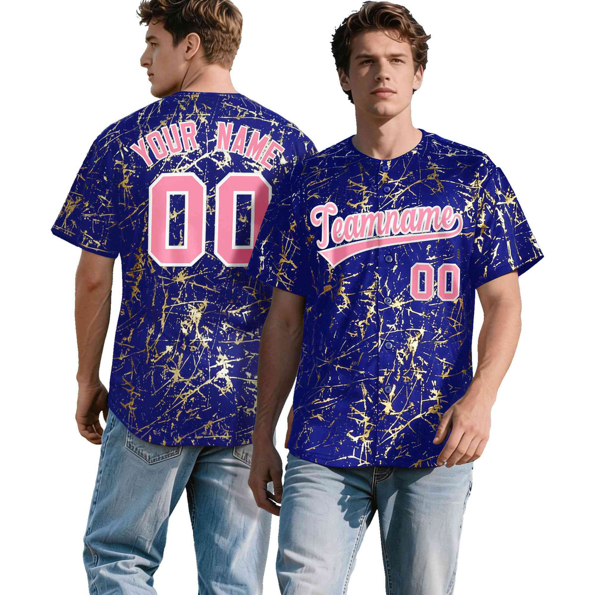 Custom Royal Light Pink Metallic Gold Splatter Urban Streetwear Baseball Jersey| KXKSHOP