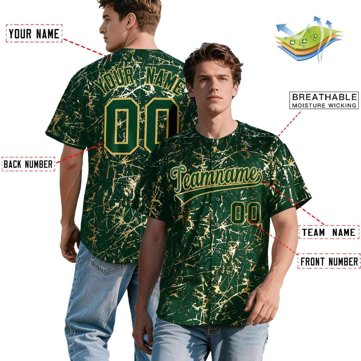 Custom Green Old Gold Shiny Gold Cracked Texture Baseball Jersey| KXKSHOP