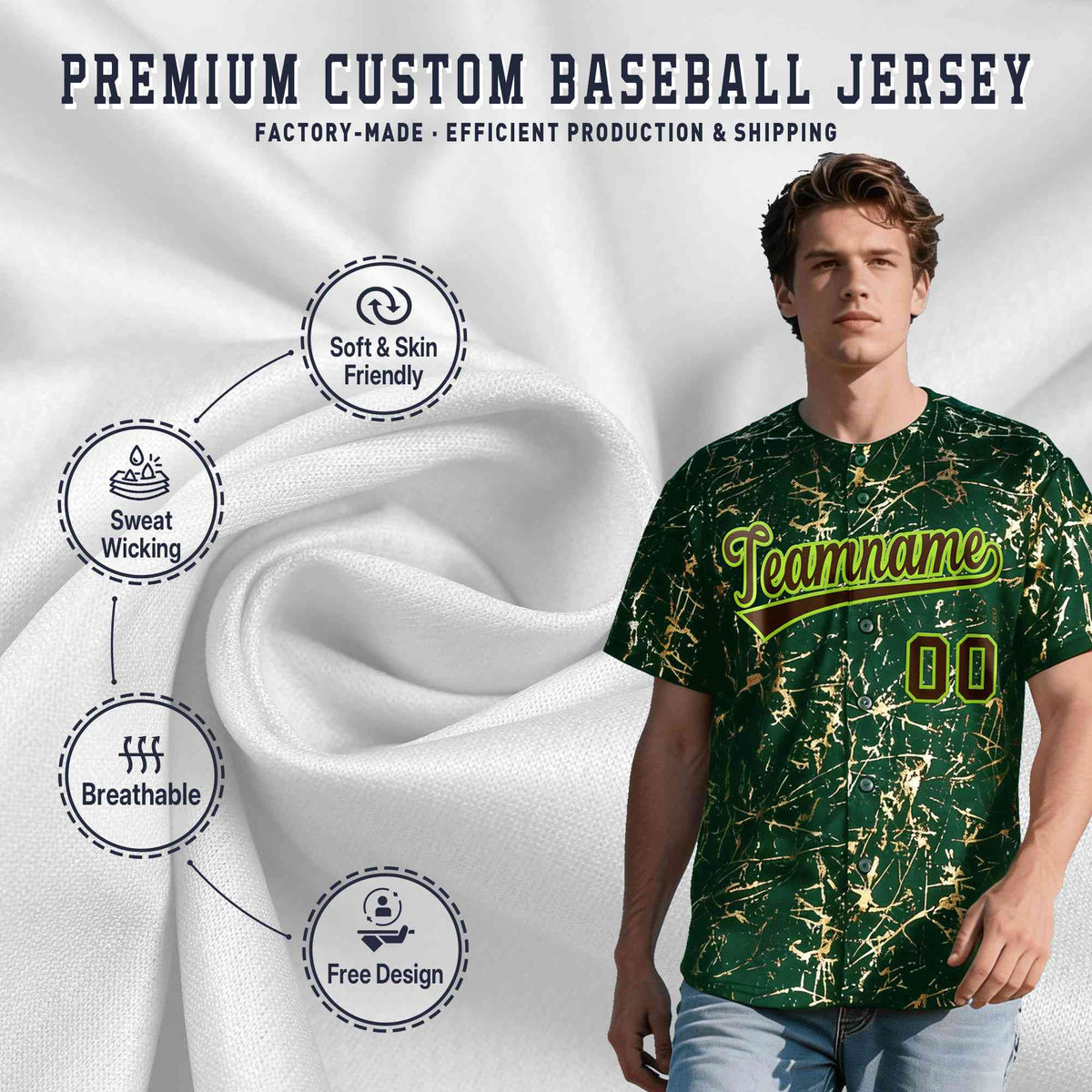 Custom Green Brown Metallic Gold Splatter Breathable&amp;Wrinkle-Resistant Baseball Jersey| KXKSHOP