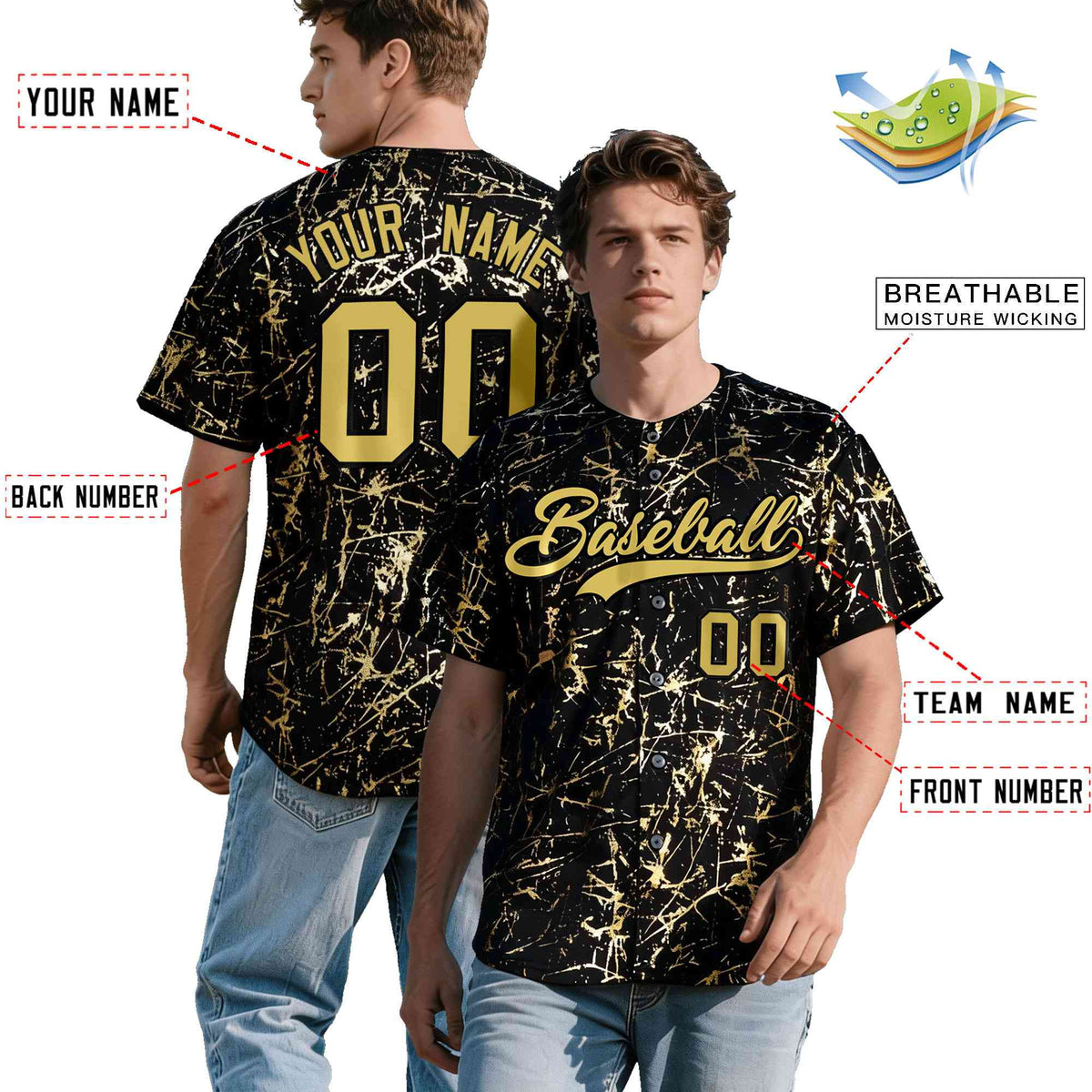 Custom Black Old Gold Shiny Gold Cracked Texture Baseball Jersey