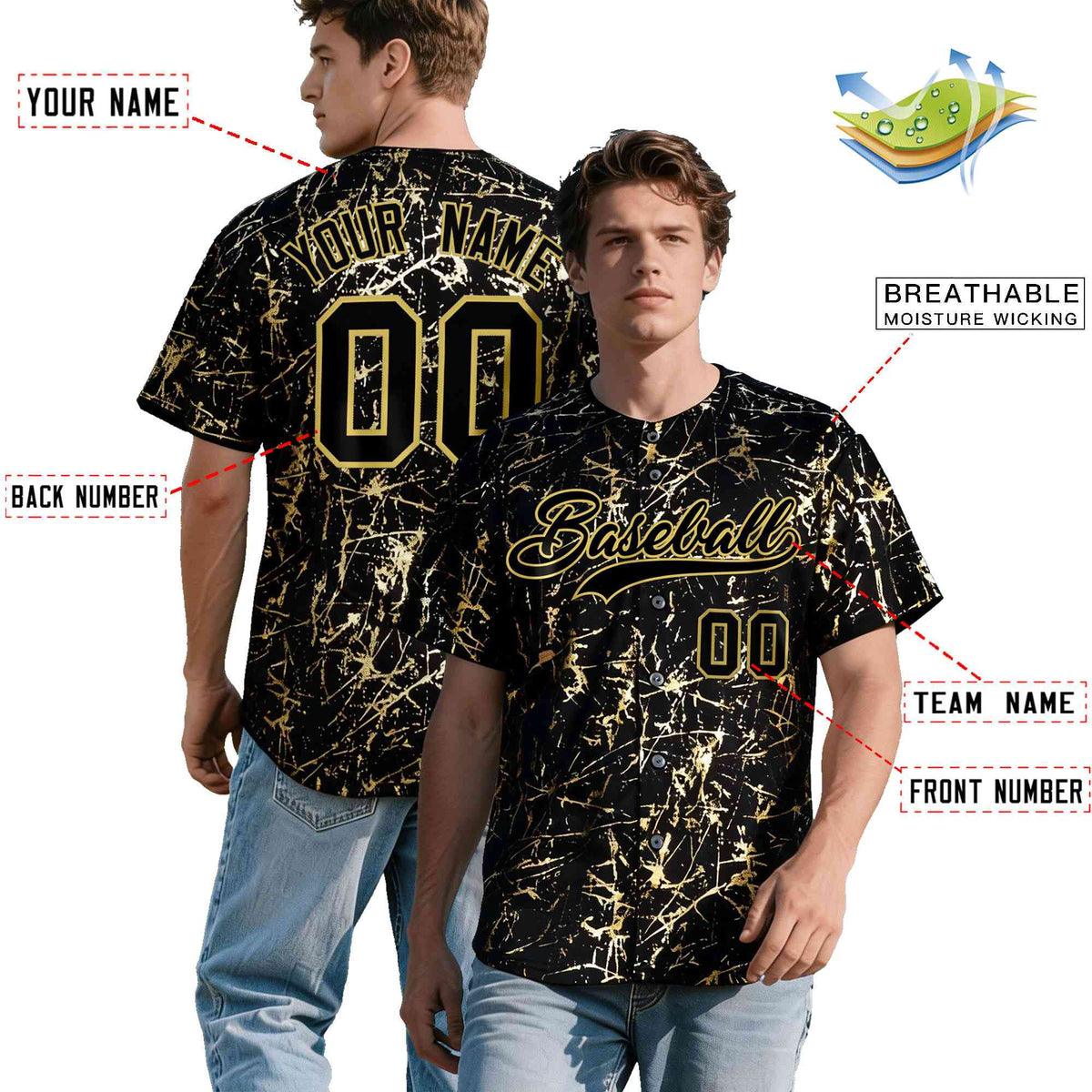 Custom Black Old Gold Black&amp;Shiny Gold Cracked Foil Hip Hop Button Down Baseball Jersey