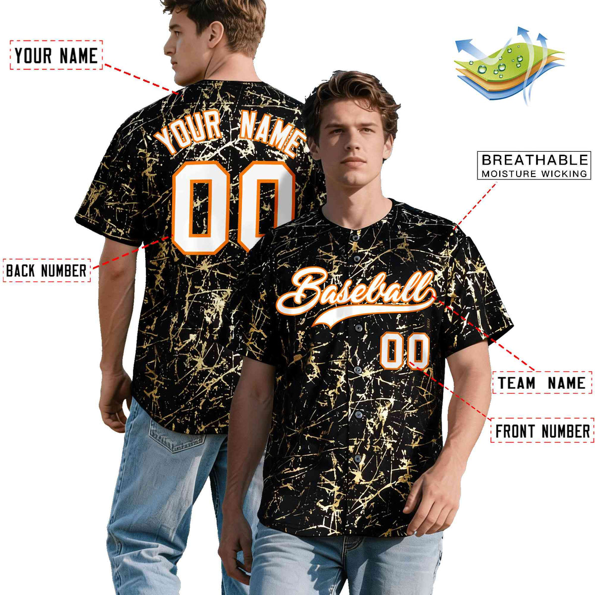 Custom Black White Black&amp;Shiny Gold Cracked Foil Breathable Mesh Streetwear Baseball Jersey
