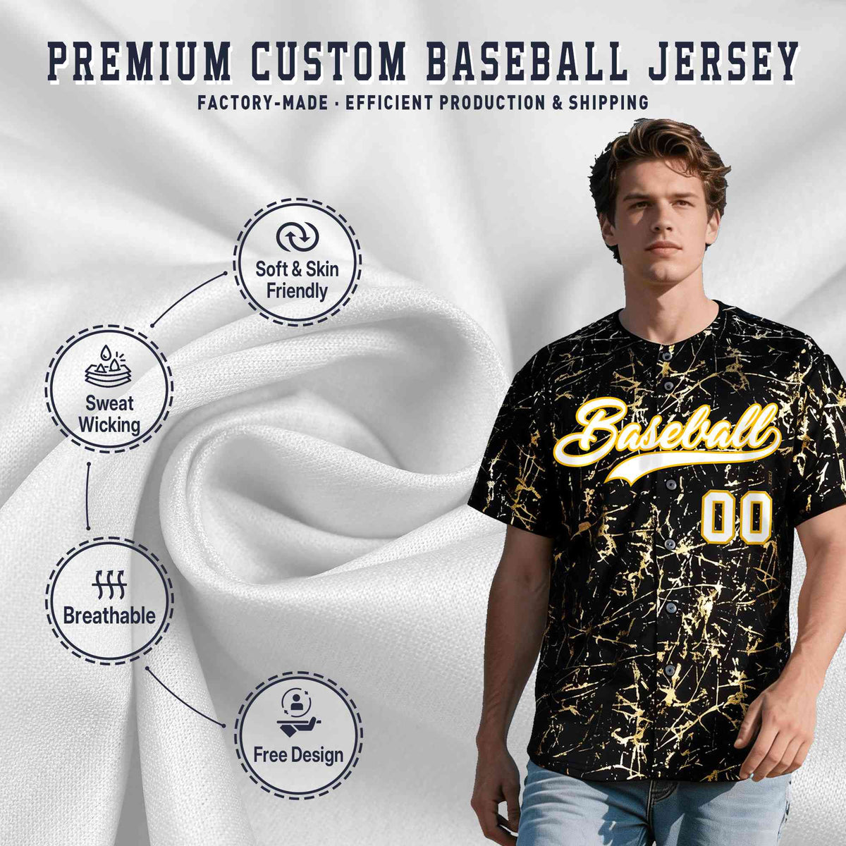 Custom Black White Black&amp;Shiny Gold Cracked Foil Hip Hop Button Down Baseball Jersey