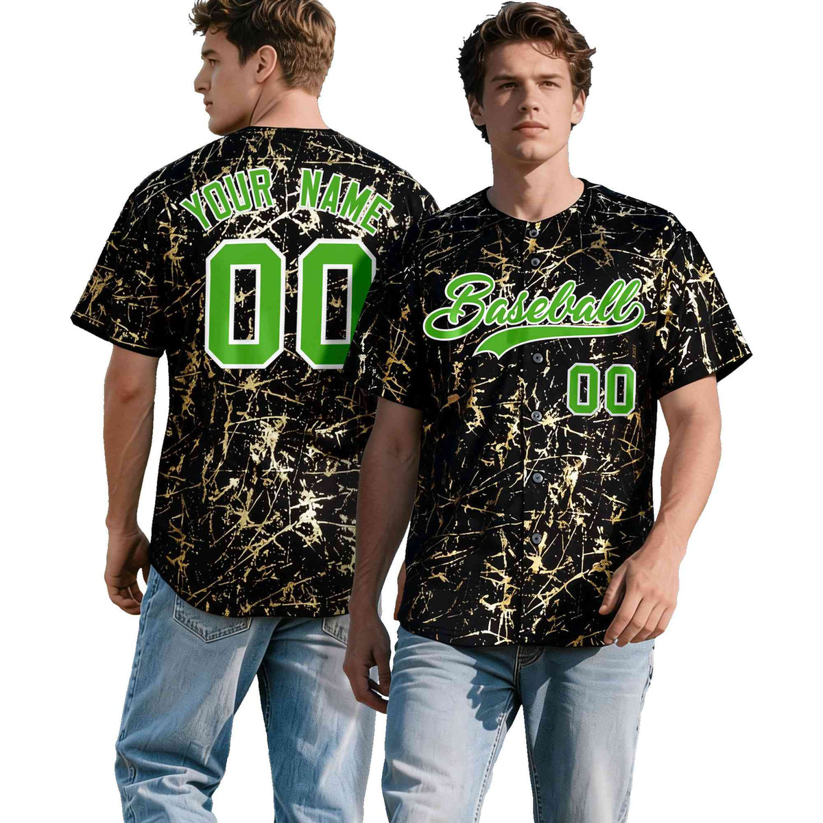 Custom Black Light Green Metallic Gold Splatter Breathable&amp;Wrinkle-Resistant Baseball Jersey