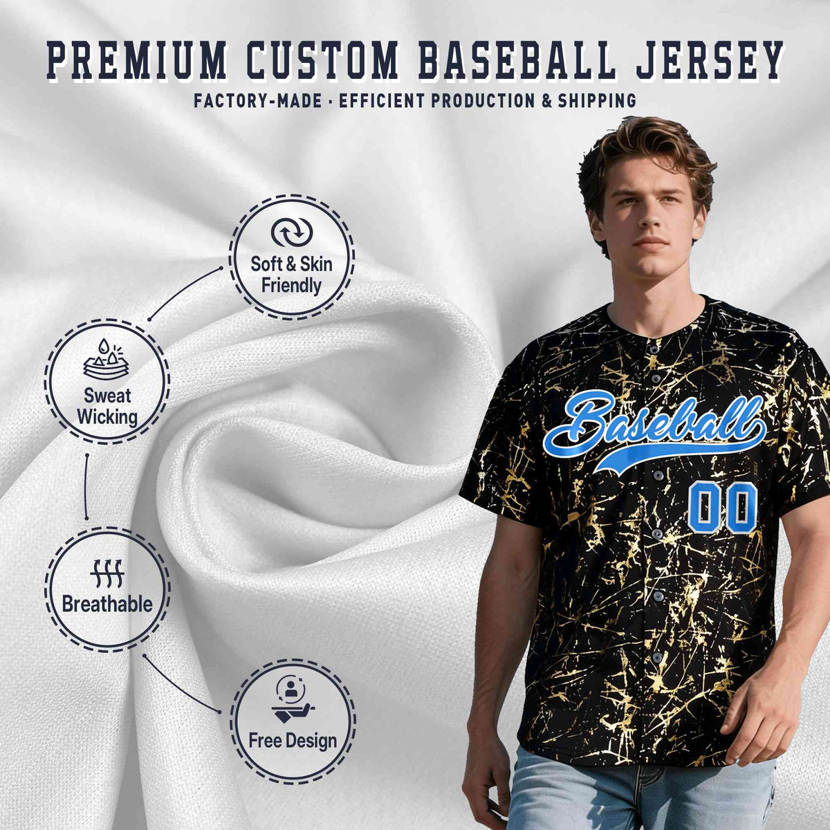 Custom Black Light Blue Shiny Gold Cracked Texture Baseball Jersey