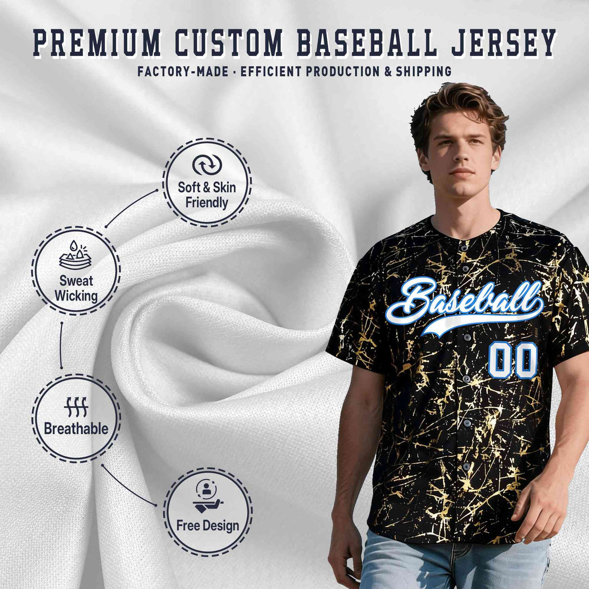 Custom Black White Black&amp;Shiny Gold Cracked Foil Hip Hop Button Down Baseball Jersey
